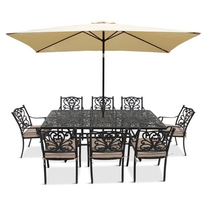 LG Outdoor Devon 8 Seater Garden Dining Table and Chairs Set with Parasol, Bronze Bronze | Table: H73 x W105 x L210cm, Each chair: H90 x W56 x D63cm, Parasol: H240 x W200 x D300cm