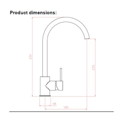 John Lewis Jump Single Lever Kitchen Tap Brushed Brass | Overall height: 334mm, Spout exit: 235mm, Spout reach: 180mm, Base diameter: 48mm