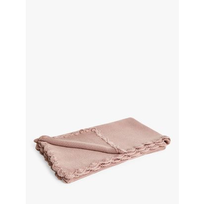 John Lewis Scalloped Cotton Baby Blanket, 100 x 80cm Scallop Pink | 100 x 80 x 0.2cm