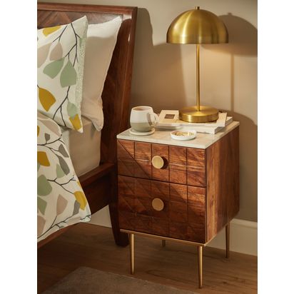 John Lewis Trinity Marble Top Acacia Wood Bedside Table, Brown Brown | H59 x W37.8 x D37.5cm