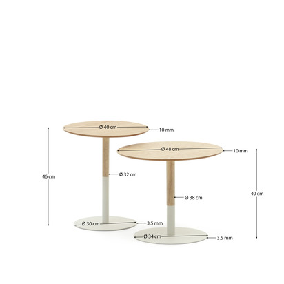 Watse set of 2 side tables in oak wood veneer and matte white metal, Ã˜ 40 cm/Ã˜ 48 cm