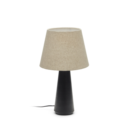 Torrent metal table lamp with black painted finish and linen shade, UK adaptor