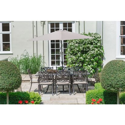 LG Outdoor Devon 8 Seater Garden Dining Table and Chairs Set with Parasol, Bronze Bronze | Table: H73 x W105 x L210cm, Each chair: H90 x W56 x D63cm, Parasol: H240 x W200 x D300cm