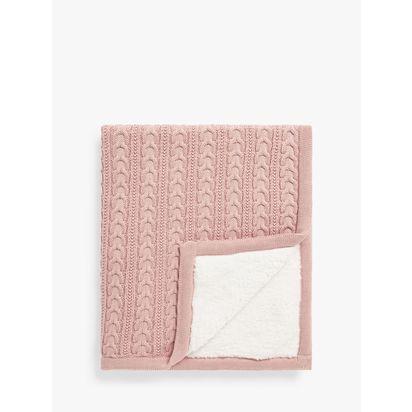 John Lewis Cable Knit Sherpa Fleece Baby Blanket Pink | L100 x W80cm