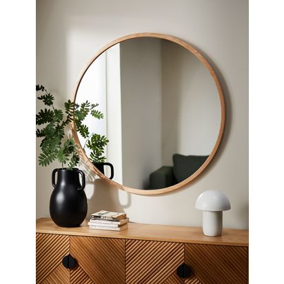 John Lewis Slim Solid Oak Wood Round Wall Mirror Natural Oak | D3.6 x Dia.100cm