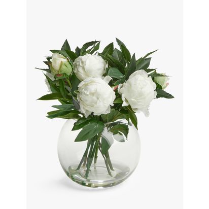 Floralsilk Artificial White Peonies in Glass Globe Vase, H28cm Clear/White | H28 x Dia.28cm