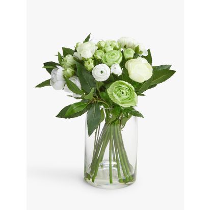 Floralsilk Artificial White Ranunculus Bouquet in Glass Vase, 33cm, Green/White Clear/White | H33 x Dia.24cm