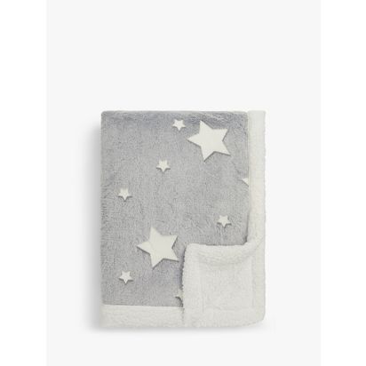 John Lewis Kids' Glow In The Dark Star Print Sherpa Fleece Blanket Grey | 150 x 120cm