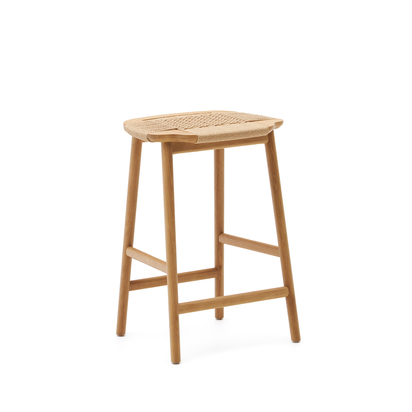 Enit stool made of beige paper cord and solid oak wood with natural finish, 65cm FSC Mix C