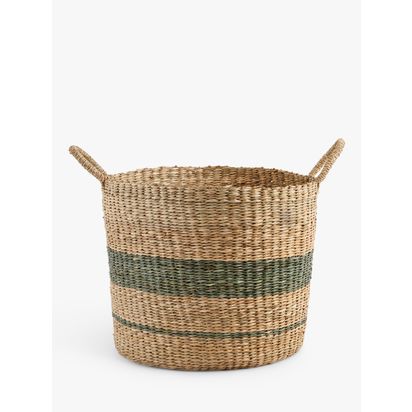 John Lewis ANYDAY Woven Seagrass Laundry Basket, Natural/Sage Sage | H32 x Dia.40cm