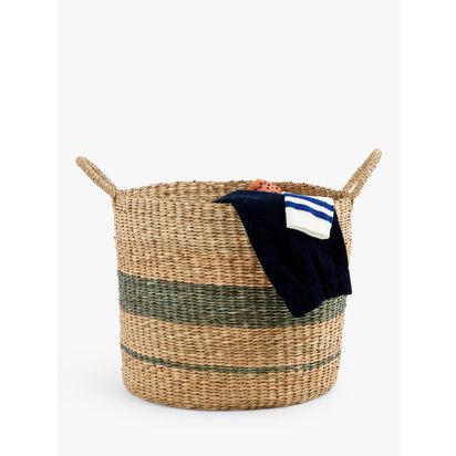 John Lewis ANYDAY Woven Seagrass Laundry Basket, Natural/Sage Sage | H32 x Dia.40cm