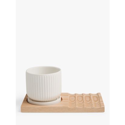 John Lewis New Bone China Desk Planter & Wood Board, Multi White | H9.5 x W10.5 x D20.5cm