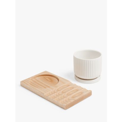 John Lewis New Bone China Desk Planter & Wood Board, Multi White | H9.5 x W10.5 x D20.5cm
