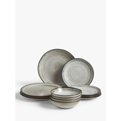 John Lewis Swirl Contrast Rim Stoneware Dinnerware Set, 12 Piece, Off White Off White | Dinner Plate: H2.6 x Dia.27.2cm, Salad Plate: H2.5 x Dia.21.5cm, Bowl: H5.1 x Dia.17.8cm