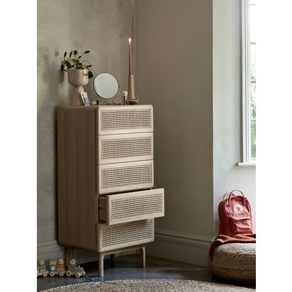 John Lewis Rattan 5 Drawer Tallboy Chest Oak | H119.8cm * W55.0cm * D45.2cm