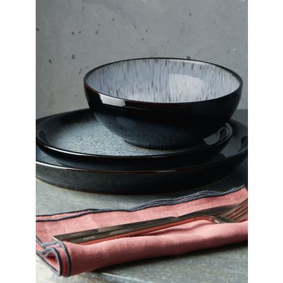 Denby Halo Stoneware Coupe Dinnerware Set, 12 Piece, Black/Multi Black/Multi | Dinner plate: Dia.26cm, Small plate: Dia.17cm, Bowl: Dia.17cm