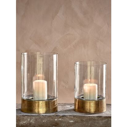 nkuku Rajura Hurricane Lantern Candle Holder, Brass Brass | H26 x W18 x D18 cm