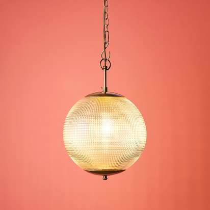 Smaller Holophane Pendant in antique brass and clear glass
