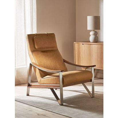 John Lewis Tilt High Back Leather Armchair, Dark/Metallic Leg, Saddle Brown Leather Saddle Brown Leather | H98.5 x W69.5 x D91cm