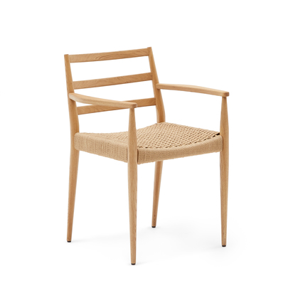 Analy chair with armrests in solid oak wood with natural finish and rope seat FSC Mix Cred