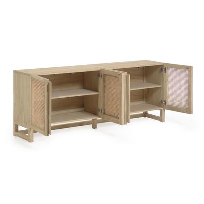 Rexit sideboard with 4 doors in solid and veneer mindi wood with rattan, 180 x 78 cm