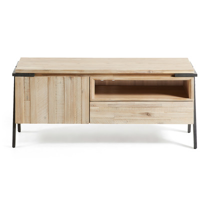 Thinh solid acacia wood single door & drawer TV stand with black finish steel, 125 x 53 cm