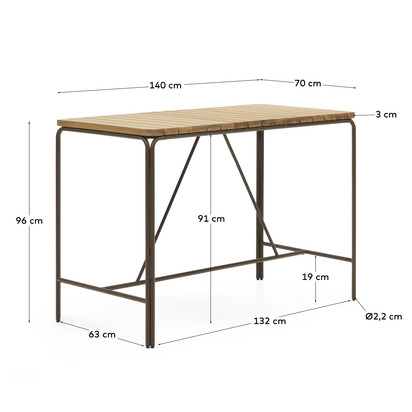 Salguer solid acacia & brown steel bar table, outdoor suitable, 140 x 70 cm FSC 100%