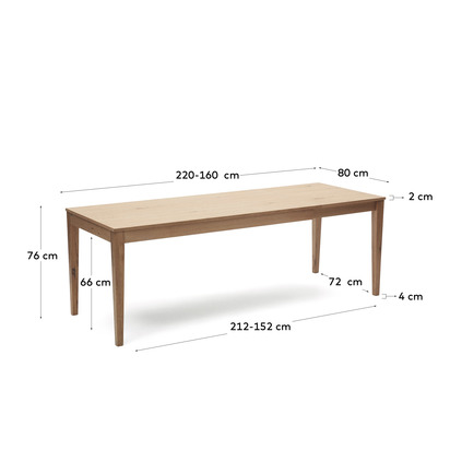 Yain extendable table with oak veneer and solid oak, 160 (220) x 80 cm