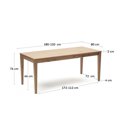 Yain extendable table with oak veneer and solid oak, 120 (180) x 80 cm