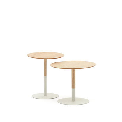Watse set of 2 side tables in oak wood veneer and matte white metal, Ã˜ 40 cm/Ã˜ 48 cm