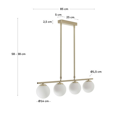 Mahala steel ceiling light with brass finish and four frosted glass spheres