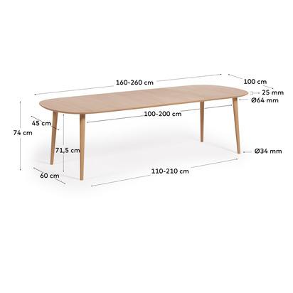 Oqui extendable oak veneer table with solid wood legs 160 (260) x 100 cm