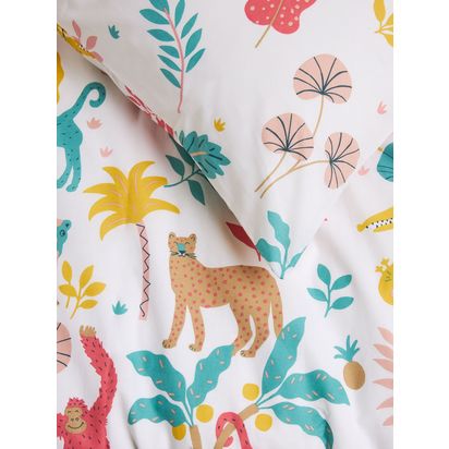 John Lewis Easy Care Jungle Print Duvet Cover and Pillowcase Set Pink/Multi | H200 x W135 x D1cm