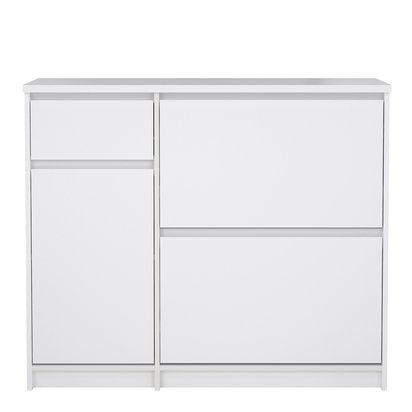 Avery 3 Shoe Cabinet with 2 Flip Down Doors 1 Door and 1 Drawer in White High Gloss