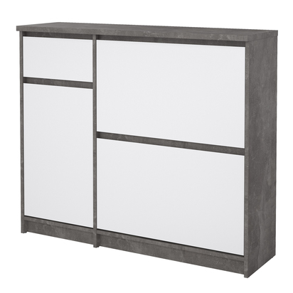 Avery 3 Shoe Cabinet with 2 Flip Down Doors 1 Door and 1 Drawer in Concrete and White High Gloss