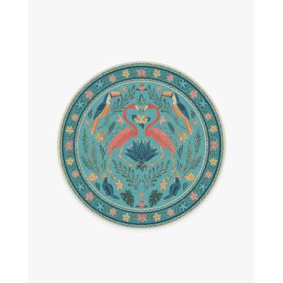 Birds Of A Feather Aqua Flatwoven Rug by Iris Apfel - 185 Round cm - Rug + Pad System