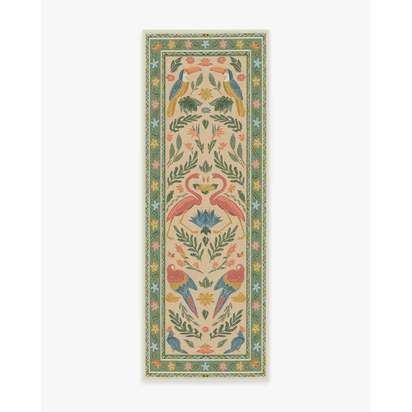 Birds Of A Feather Green & Peach Flatwoven Rug by Iris Apfel - 75 x 215 cm - Rug + Pad System