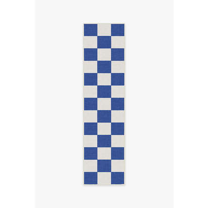 Jaque Checkered Blue Outdoor Rug - 75 x 305 cm - Rug + Pad System