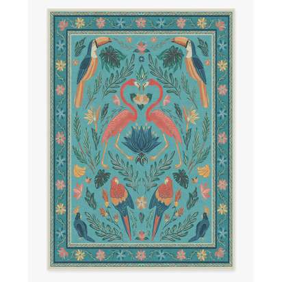 Birds Of A Feather Aqua Flatwoven Rug by Iris Apfel - 305 x 425 cm - Rug + Pad System