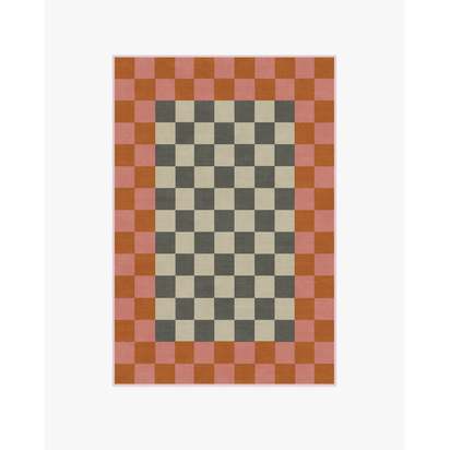 Checker Border Pink & Orange Flatwoven Rug by Jonathan Adler - 120 x 185 cm - Rug + Pad System