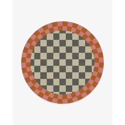 Checker Border Pink & Orange Flatwoven Rug by Jonathan Adler - 245 Round cm - Rug + Pad System