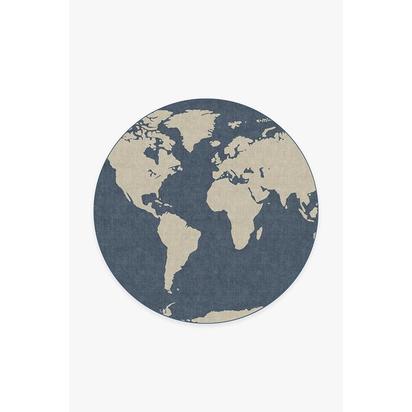 World Map Blue Flatwoven Rug - 185 Round cm - Rug + Pad System