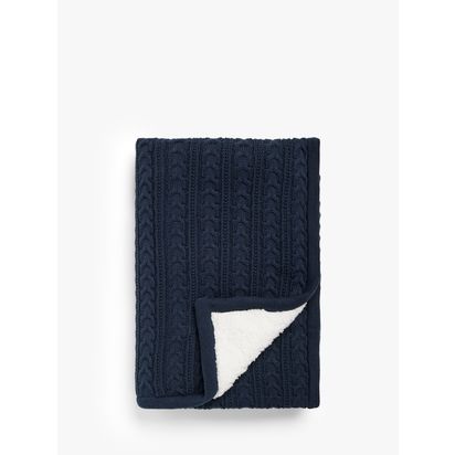 John Lewis Kids' Cable Knit Sherpa Fleece Throw, 150 x 100cm Navy | H0.10 x W100 x D150cm