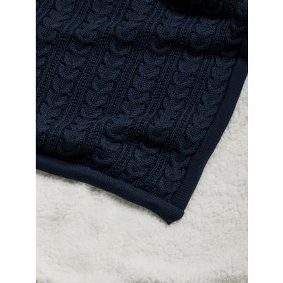 John Lewis Kids' Cable Knit Sherpa Fleece Throw, 150 x 100cm Navy | H0.10 x W100 x D150cm
