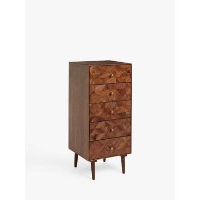 John Lewis + Swoon Franklin 5 Drawer Tallboy Chest, Dark Brown Acacia | H111 x W49.6 x D45cm