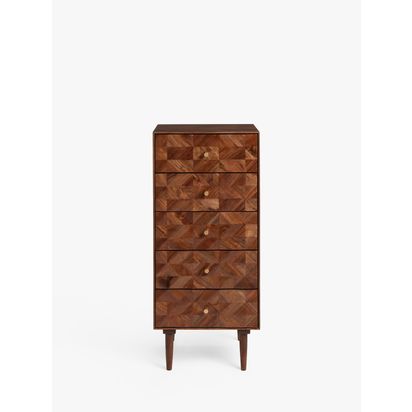John Lewis + Swoon Franklin 5 Drawer Tallboy Chest, Dark Brown Acacia | H111 x W49.6 x D45cm