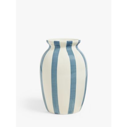 John Lewis Hand Painted Striped Stoneware Vase, H18cm Haze Blue | H18 x Dia.12.5cm