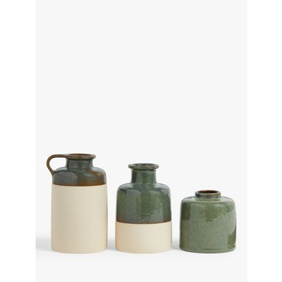 John Lewis Boxed Ceramic Bud Vases, Set of 3, Green Green | H12.9 x Dia.7.7cm, H11.5 x Dia.7.7cm, H7.9 x Dia.7.7cm