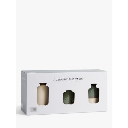 John Lewis Boxed Ceramic Bud Vases, Set of 3, Green Green | H12.9 x Dia.7.7cm, H11.5 x Dia.7.7cm, H7.9 x Dia.7.7cm
