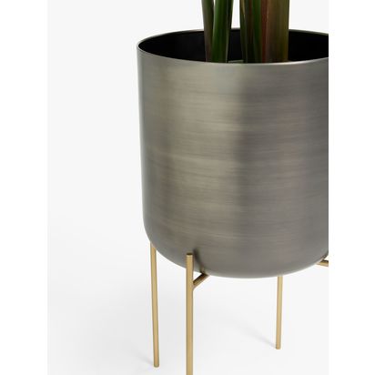 John Lewis Large Indoor Iron Planter & Stand, Grey/Brass Grey/Brass | H58 x Dia.33m